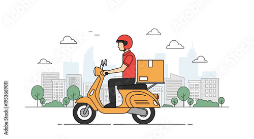 Fast delivery service by scooter in a city setting. Courier riding a moped with a package for quick urban shipping and logistics.