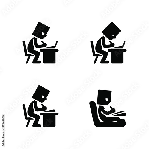 Four students engrossed in different study positions with laptops and books. world book day, world book day 2026, book day ,book day vector, book day set icons, book day vector icons