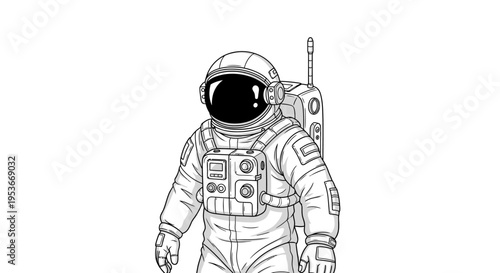 Black and white line art illustration of an astronaut in a full space suit with helmet and backpack, ready for cosmic exploration