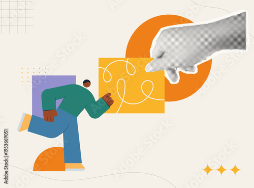 Trendy Halftone Collage style illustration of a hand directing a running person through a tangled line, representing controlled by algorithms, AI manipulation and digital influence concept.