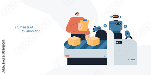Flat style illustration of a person holding clipboard working alongside a robot on a conveyor belt with boxes, representing human and AI collaboration, automation and smart industry concept.