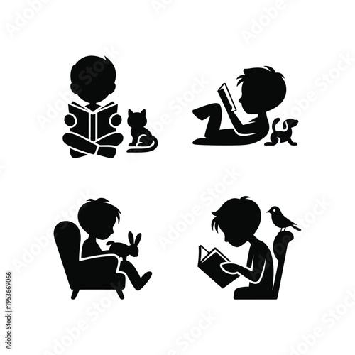 Children enjoying reading with pets and companionship in cozy settings world book day, world book day 2026, book day ,book day vector, book day set icons, book day vector icons