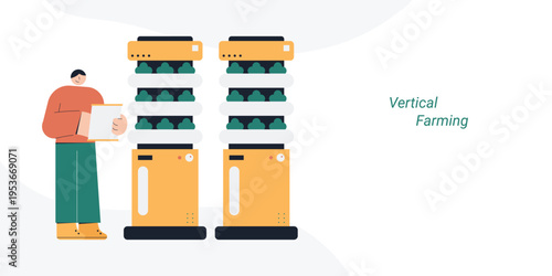 Flat style illustration of a person holding clipboard monitoring automated vertical farm shelves growing vegetables, representing vertical farming, smart agriculture and sustainable food concept.