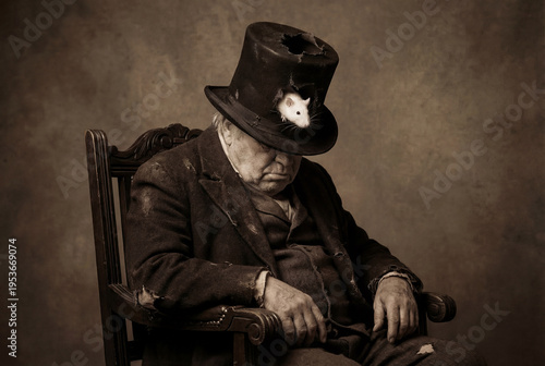 Vintage sepia portrait of a sleeping elderly tramp in ragged clothes. A curious white rat peeks out from a large hole in his battered top hat.
