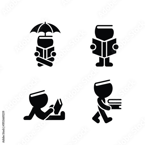 Four stylized icons representing robot interactions with books and an umbrella. world book day, world book day 2026, book day ,book day vector, book day set icons, book day vector icons