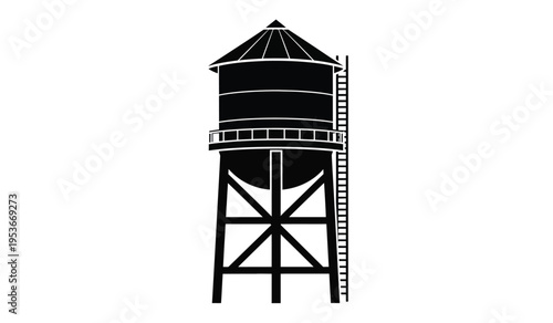 Silhouette of a classic american water tower with a distinctive conical roof and latticework supports silhouette
