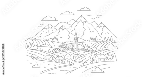 Scenic line art illustration of a picturesque mountain village with a church, houses, fields, and a river in a peaceful valley