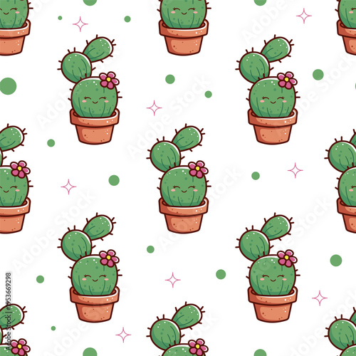 Cute seamless pattern with a kawaii smiling cactus in a pot. Children's illustration on a transparent background