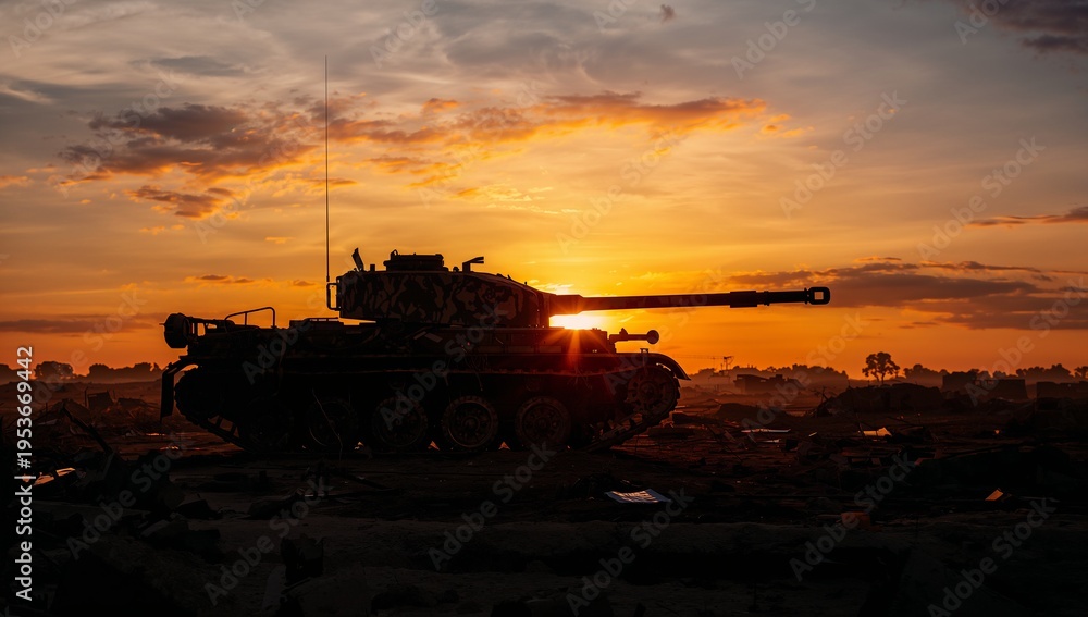 Fototapeta premium Silhouette of Military Tank During Sunset in War Zone