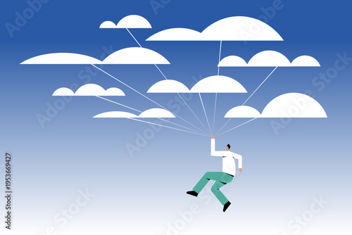 Conceptual illustration of a man suspended in the sky holding strings attached to clouds, symbolising control, imagination, freedom, and navigating ideas or opportunities in a limitless space