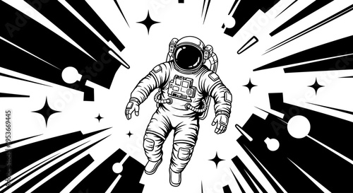 Dynamic vector illustration of an astronaut floating in outer space, surrounded by radial lines and stars. Sci-fi comic art.