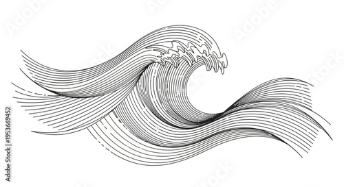Stylized Ocean Wave Line Art Illustration. Modern Minimalist Black and White Water Graphic Design with Dynamic Flowing Lines.