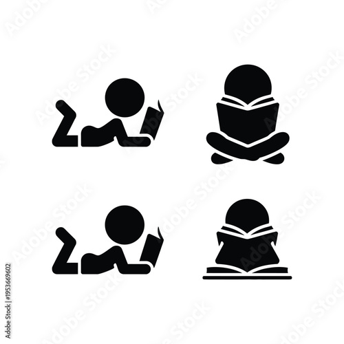 Four black and white icons depicting different reading postures and positions world book day, world book day 2026, book day ,book day vector, book day set icons, book day vector icons