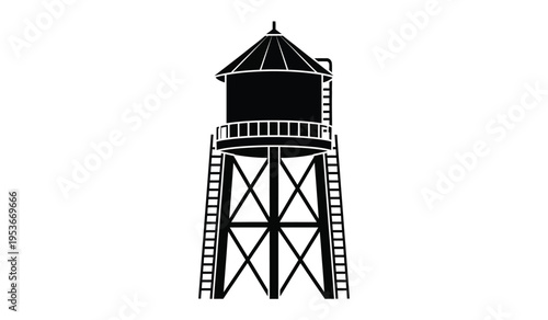 Silhouette of a classic american water tower with a distinctive conical roof and latticework supports