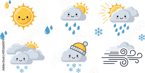 Cute weather icons vector set with sun, clouds, rain, snow and wind in adorable cartoon style illustration collection