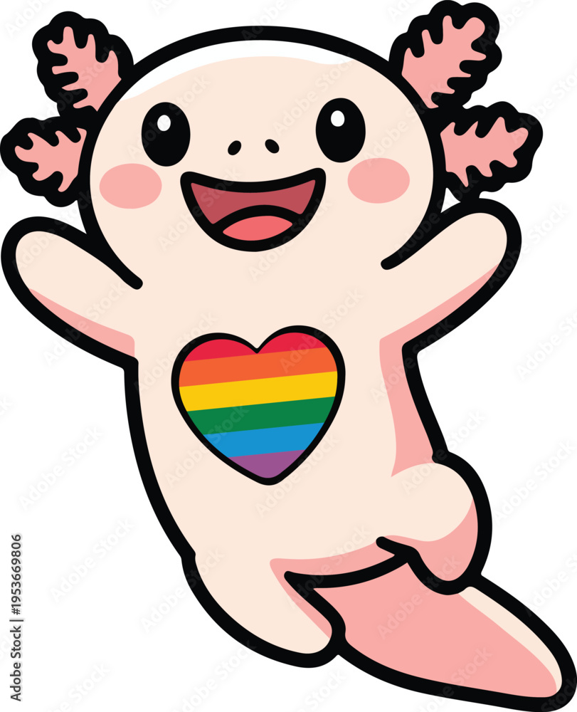Fototapeta premium Cute axolotl cartoon with rainbow heart