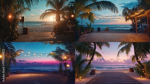 Beachfront stage and boardwalk illuminated with string lights at sunset.