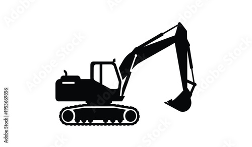 Silhouette of a black excavator on a white background