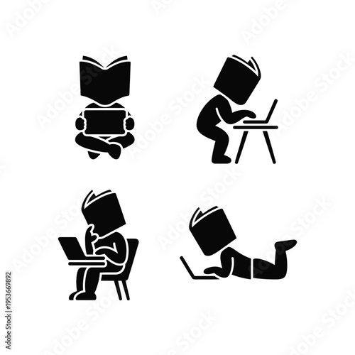 Four different ways of engaging with digital and physical reading materials world book day, world book day 2026, book day ,book day vector, book day set icons, book day vector icons