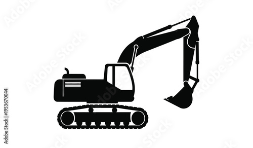 Silhouette of a black excavator on a white background