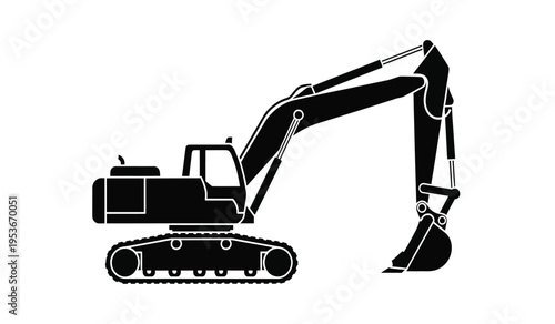 Silhouette of a black excavator machine with a long arm and bucket on a white background silhouette