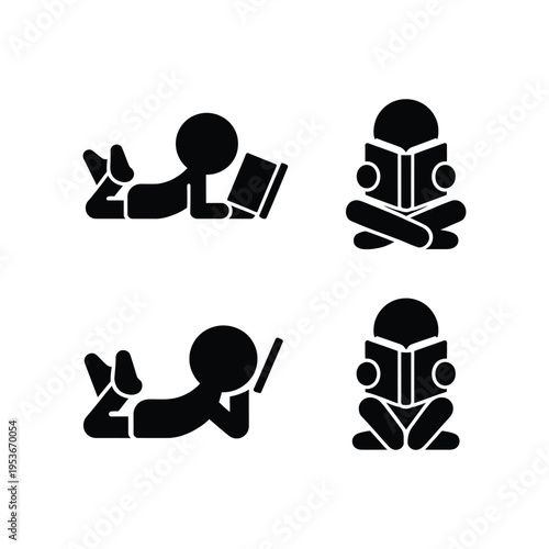 Four stylized icons depicting people engaging in different reading positions world book day, world book day 2026, book day ,book day vector, book day set icons, book day vector icons