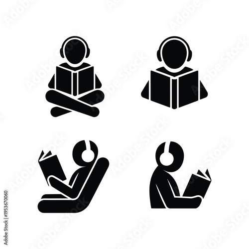 Four different ways of enjoying audiobooks and reading depicted through icons world book day, world book day 2026, book day ,book day vector, book day set icons, book day vector icons