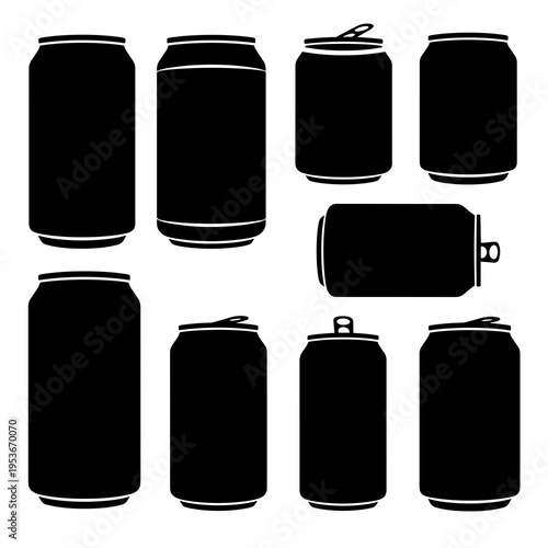 Set of solid black soda and beer can silhouettes in different sizes