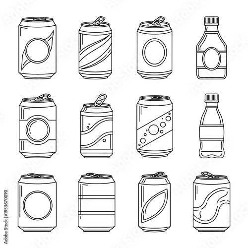 Set of thin line icons representing various beverage cans and bottles