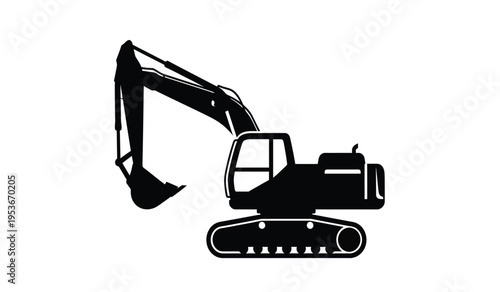 Silhouette of a black excavator on a white background