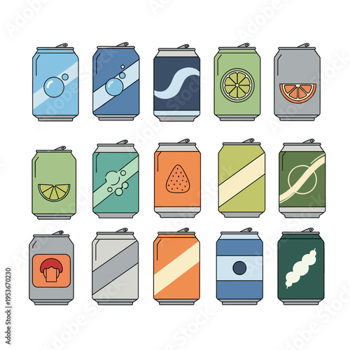 Grid of different soda can designs in various muted colors