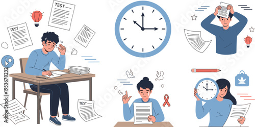 Exam stress and studying concept vector set with students taking tests, anxiety, deadlines and academic pressure cartoon illustration