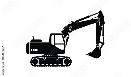 Silhouette of a black excavator on a white background