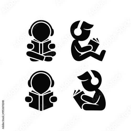 Four stylized icons depicting people engaging with books and audio devices world book day, world book day 2026, book day ,book day vector, book day set icons, book day vector icons