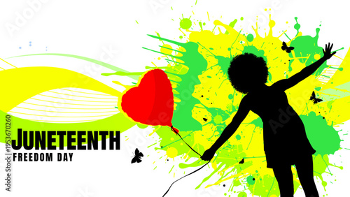 Juneteenth freedom day banner with black woman silhouette, heart balloon and butterflies on paint splash background, vector illustration