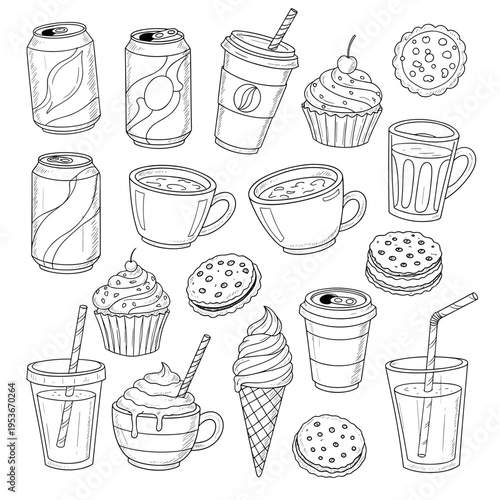 Line art collection of cafe items including coffee cups and pastries