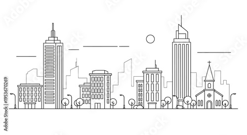 Modern city skyline line art vector illustration with various buildings, skyscrapers, and a church, minimalist design, urban landscape.