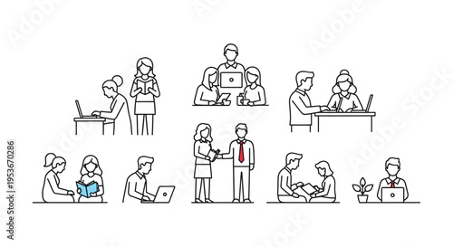People working, studying, and collaborating in a collection of line art illustrations for business, education, and team concepts.