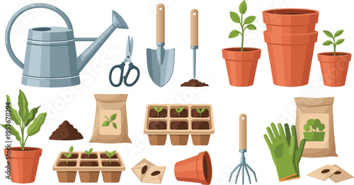 Gardening tools and planting set with pots, seedlings and soil, home garden supplies collection vector illustration bundle