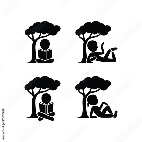 Children enjoying reading under trees in a peaceful outdoor setting world book day, world book day 2026, book day ,book day vector, book day set icons, book day vector icons