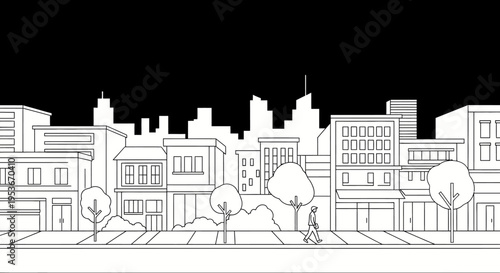 City street line art illustration with urban buildings, trees, and a person walking. Monochrome outline drawing of downtown skyline.