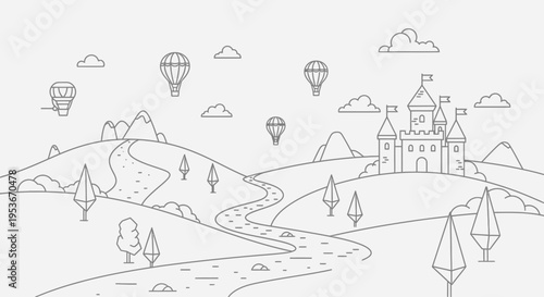 Fantasy Landscape Outline Illustration with Castle, Hot Air Balloons, Winding River, Rolling Hills, and Mountains in Minimal Line Art Style