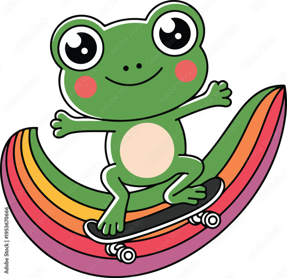 Naklejka premium Cute Frog Skateboarding Rainbow Cartoon Vector