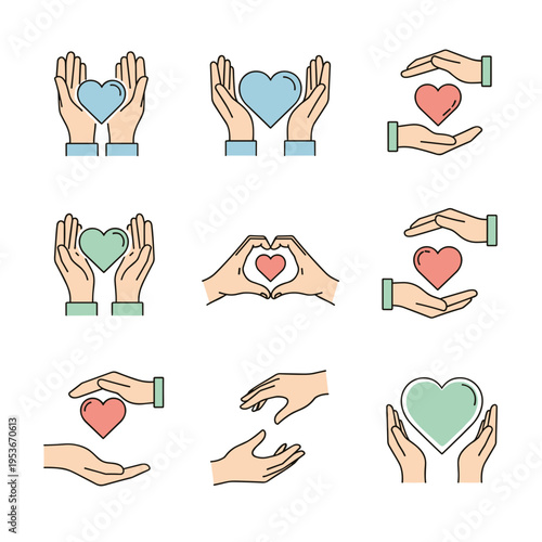 Colorful hand heart icons for kindness and charity brand identity