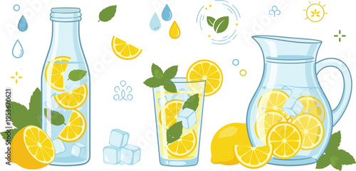 Fresh lemonade set with glass pitcher bottle and citrus slices, refreshing summer drink with ice mint and lemon, healthy beverage vector illustration collection
