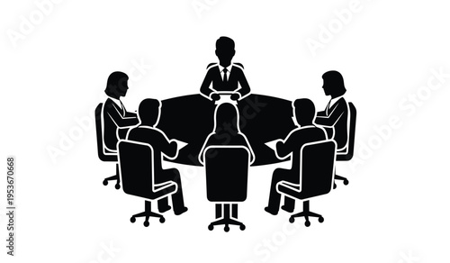 Silhouette of business team meeting around a conference table in a modern office setting with a leader