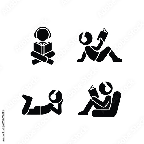 Four different ways to enjoy reading a book in a relaxed setting world book day, world book day 2026, book day ,book day vector, book day set icons, book day vector icons