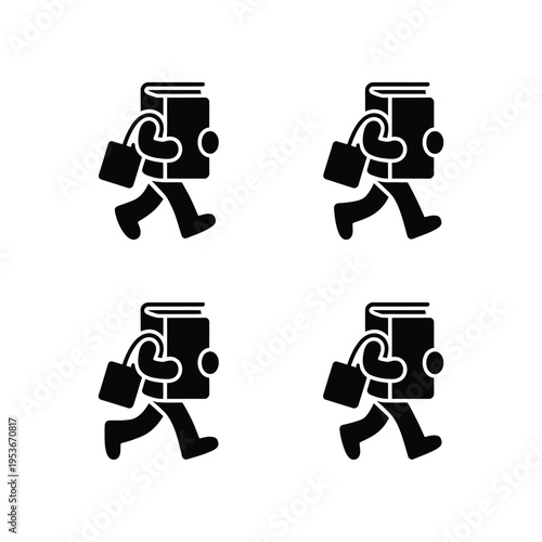 Four animated students carrying books and backpacks while running world book day, world book day 2026, book day ,book day vector, book day set icons, book day vector icons