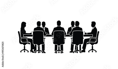 Business meeting in a conference room with people sitting around a table silhouette