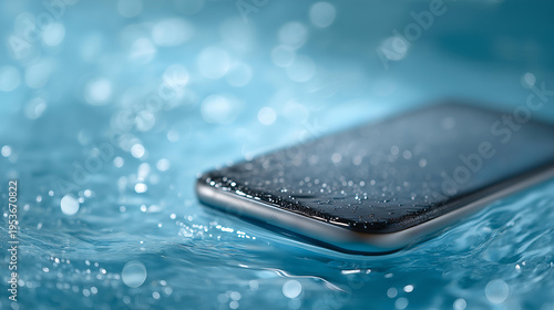 Submerged smartphone lying at the bottom of a clear container of water, screen still faintly glowing, defocused wet surface, phone water damage, waterproof smartphone concept, devi